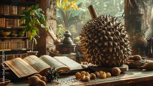 An ancient library carved into a giant durian, filled with scrolls of ancient recipes and culinary secrets photo