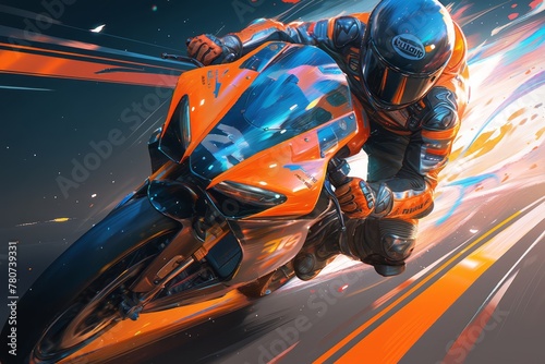 A dynamic and action-packed wallpaper featuring an aggressive riding his orange motorcycle at high speed