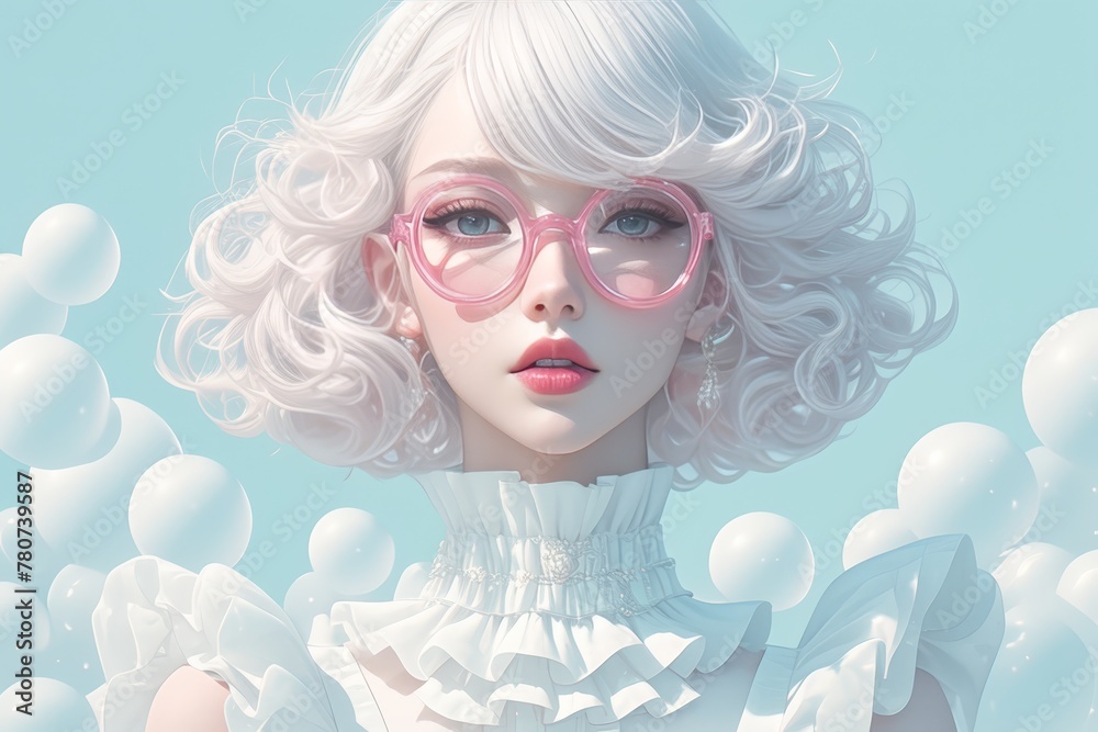 Elegant woman with white hair in big curls, pink glasses and red lipstick 