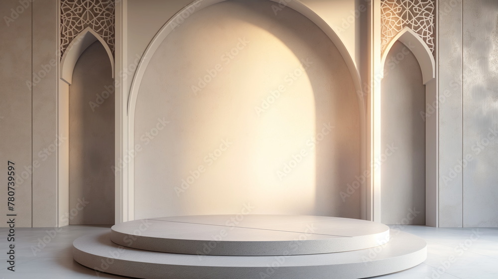 Simple clean islamic stage podium muslim background, copy space, product. Ramadan