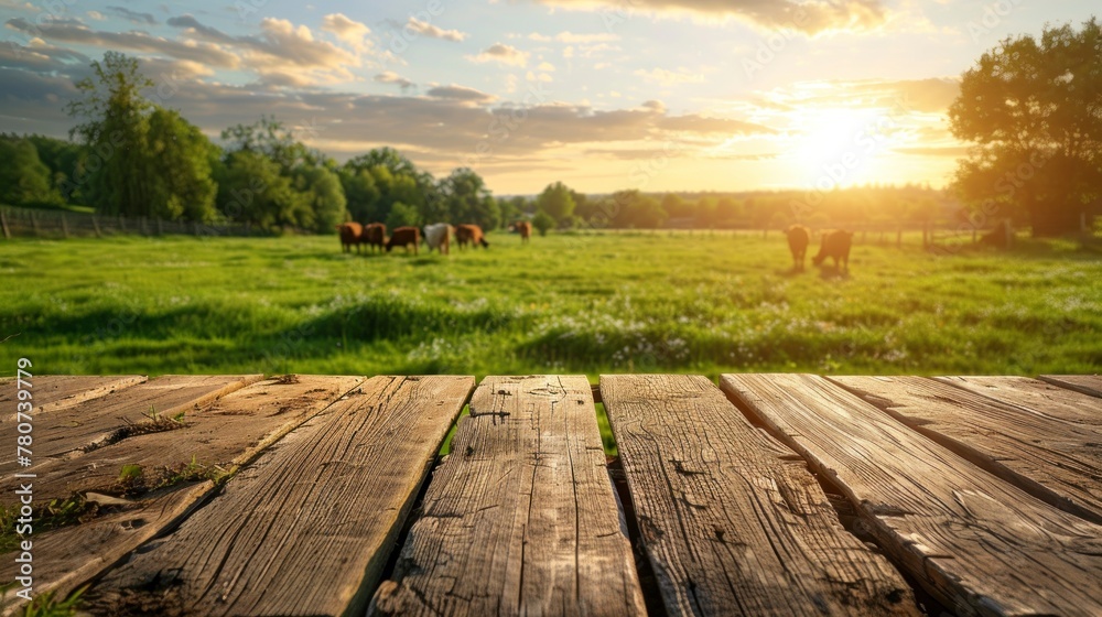 Obraz premium beautiful sunrise on the farm on a wooden board perfect for placing objects in high resolution
