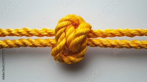 Yellow rope with knot isolated on white background with shadow. Yellow thick string with rope in the middle. Shoe lace string