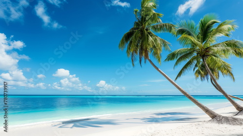 Tropical Paradise Getaway  Palm Trees Swaying on White Sandy Beach Against Turquoise Waters