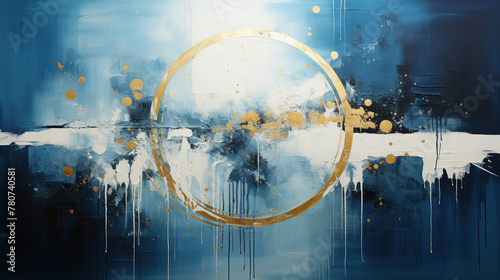 Oil Painting on Dark Blue Background with A White and Yellow Circular Light Objects Designs © Image Lounge