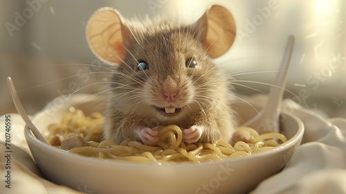 smiling mouse lying in a bowl of noodles