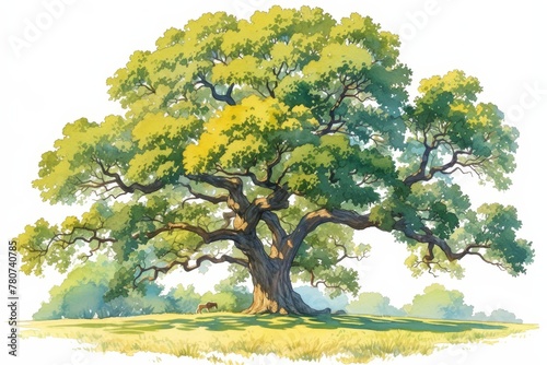 A majestic oak tree with lush green leaves, illustrated in the style of soft watercolor strokes on a white background. 