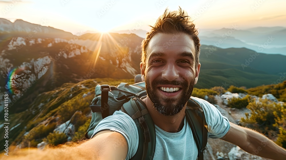 Happy traveler taking a selfie at sunset in the mountains. Joyful hiking adventure captured in a vibrant photo. Outdoor lifestyle, freedom and nature exploration theme. AI