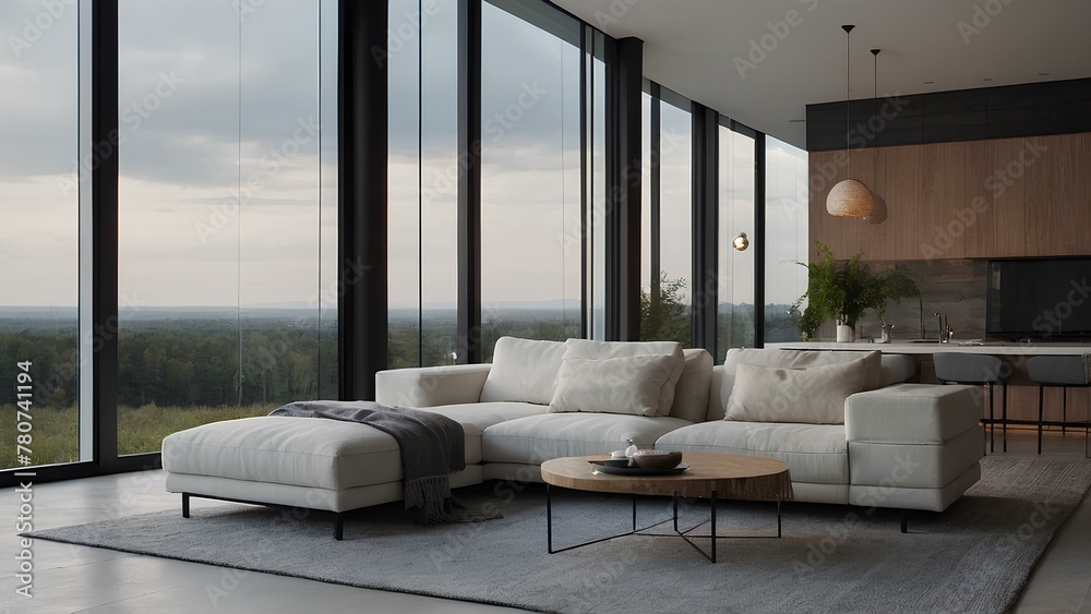 Minimalist large living room interior design with large panoramic windows and plants Minimalist large living room interior design with large panoramic windows and plants