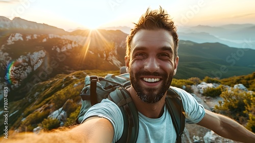 Happy traveler taking a selfie at sunset in the mountains. Joyful hiking adventure captured in a vibrant photo. Outdoor lifestyle, freedom and nature exploration theme. AI