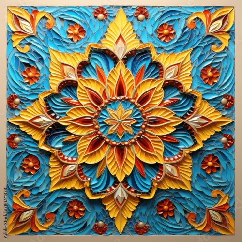 Vibrant Symmetrical Mosaic Tile Design in Blue, Yellow, and Orange