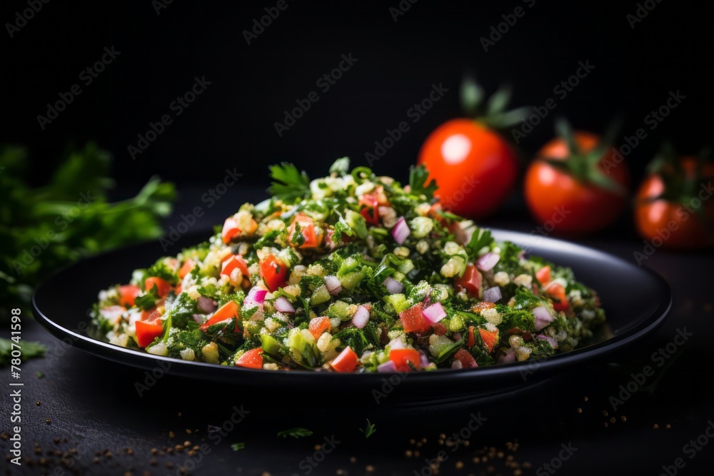 Delicious tabbouleh on a slate plate against a dark background Delicious tabbouleh on a slate plate against a dark background