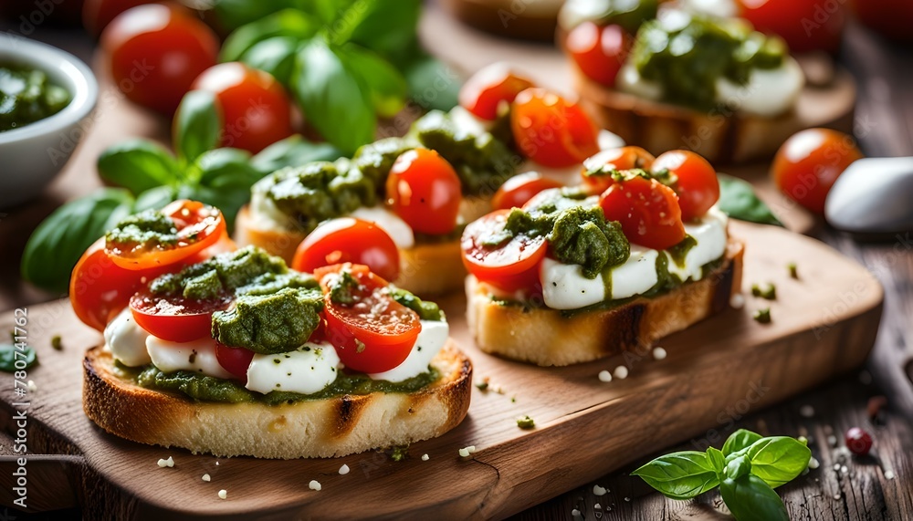Bruschetta with cherry tomatoes, mozzarella cheese and pesto sauce on wooden board. Traditional italian appetizer or snack, antipasto.
Bruschetta with cherry tomatoes, mozzarella cheese and pesto sauce on wooden board. Traditional italian appetizer or snack, antipasto.