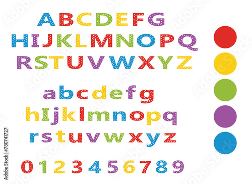 alphabet for children. Kids learning material. Card for learning alphabet. colored alphabet and numbers with white dots 