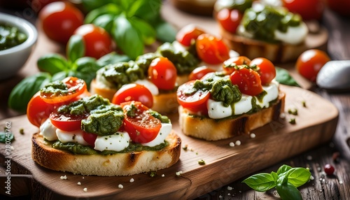 Bruschetta with cherry tomatoes, mozzarella cheese and pesto sauce on wooden board. Traditional italian appetizer or snack, antipasto. 