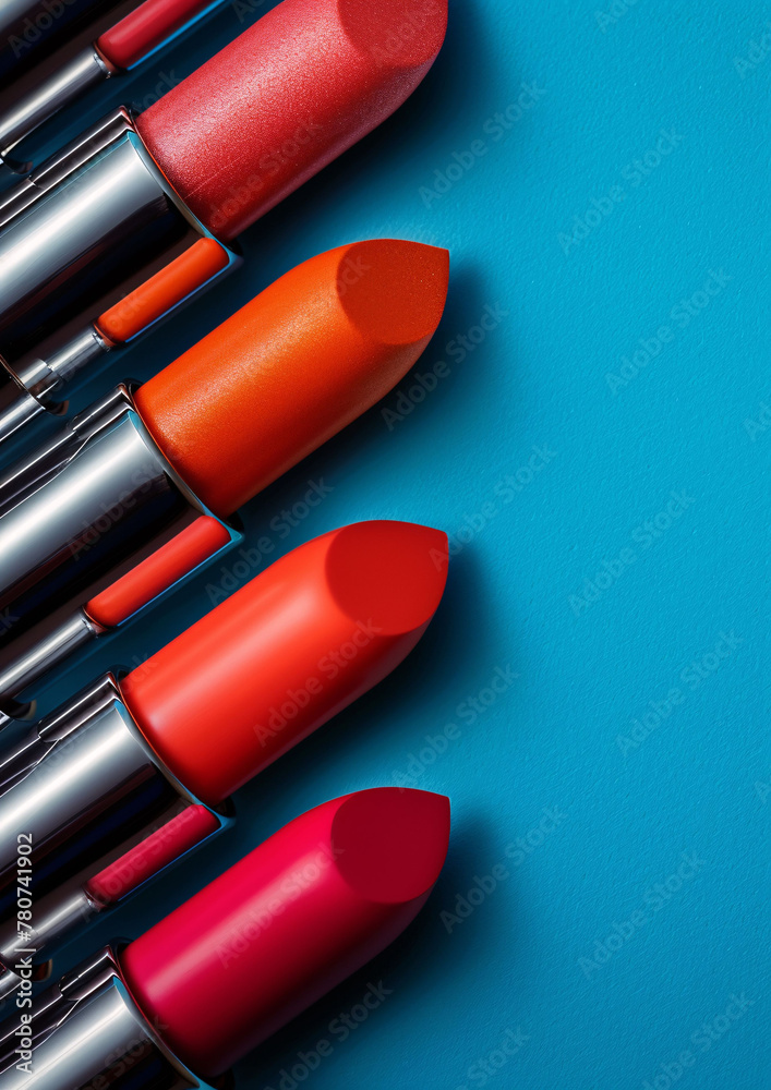 vertical shot close up of lipstick in a row on blue background for advertisement, lipsticks commercial banner vertical shot close up of lipstick in a row on blue background for advertisement, lipsticks commercial banner