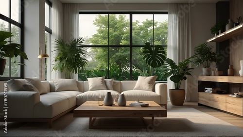 Minimalist large living room interior design with large panoramic windows and plants