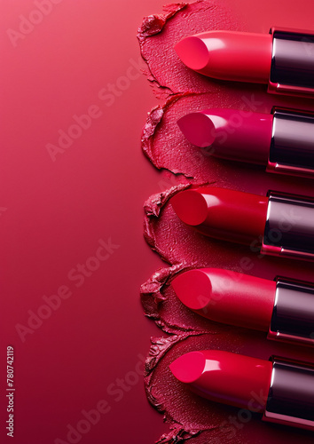 top view of lipstick with brush smear on red background, commercial lipstick poster, cosmetic background