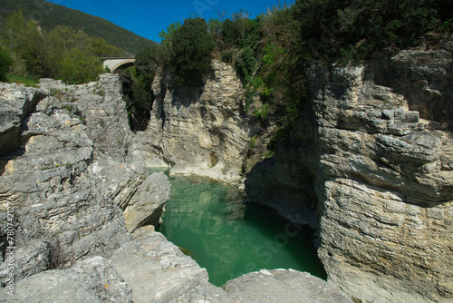 View of bridge on the Metauro river near Fossombrone in the Marche region, Italy