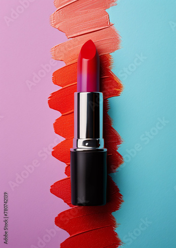 top view of lipstick with brush smear background, commercial lipstick poster, cosmetic background