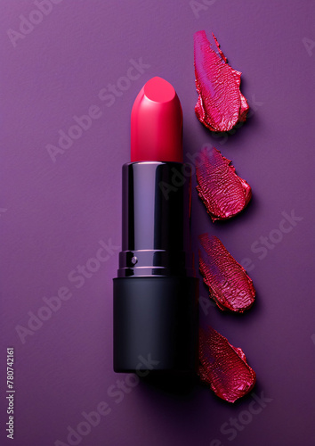 top view of lipstick with pink brush smear on purple background, commercial lipstick poster, cosmetic background