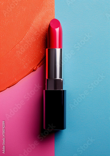 top view of lipstick with brush smear background, commercial lipstick poster, cosmetic background