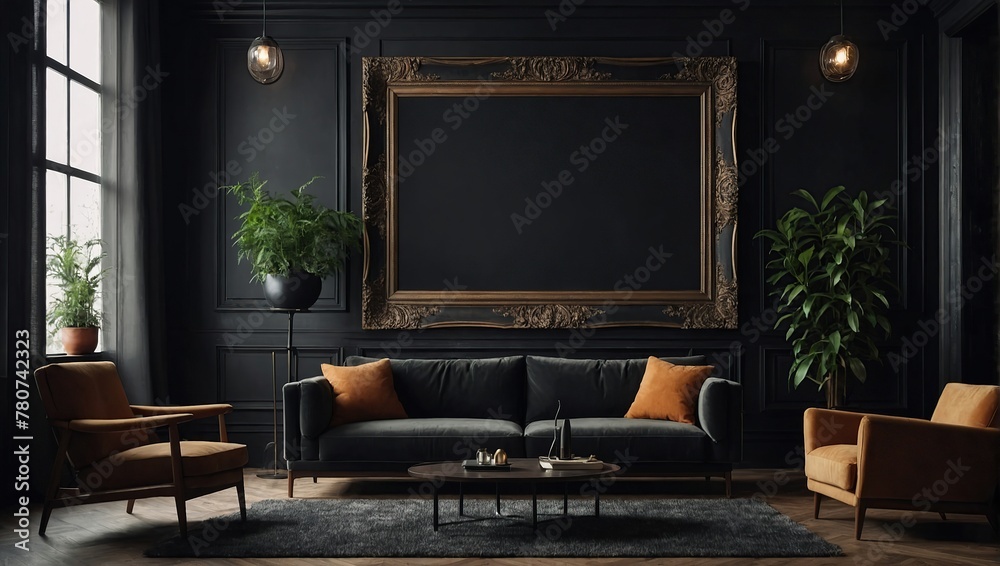 Mockup frame in black living room interior with retro decor Mockup frame in black living room interior with retro decor