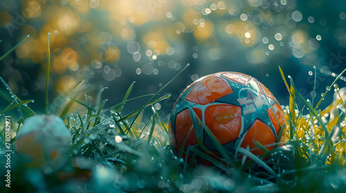 Close Up Aufnahme eines Fußballes im Gras, Fußballspiel, Sportplatz, Kunstrasen, Frischer Rasen, Fußballstadion, nasser Rasen 