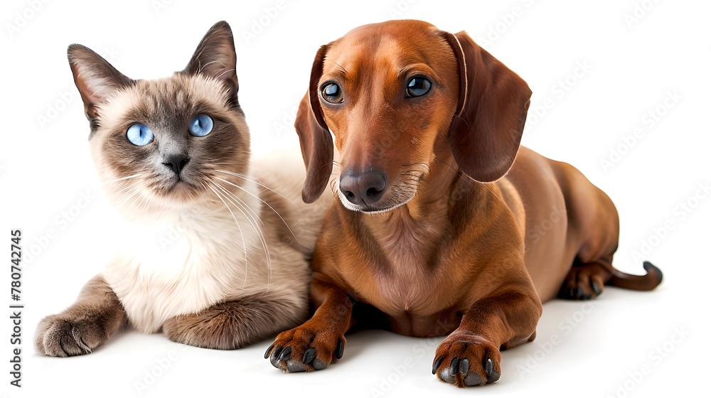 Adorable Siamese Cat and Dachshund Dog Posing Together Isolated on White. Perfect for Pet Lovers. Capturing the Bond Between Different Species. AI
