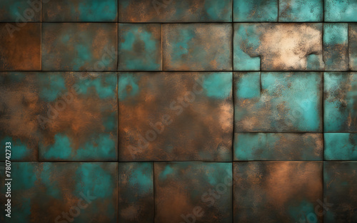 Copper and teal patina texture, weathered metal surface, elegant aging effect, abstract industrial design
