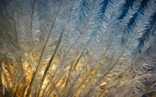 Crystalline ice texture on window  macro photography  intricate frost patterns  winter-inspired abstract art