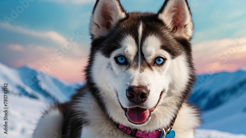 siberian husky with beautiful fur and blue eyes with pastel colors background