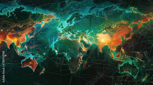 High-tech map of global data exchange, with China as a nexus of cyber communication, business links glowing photo