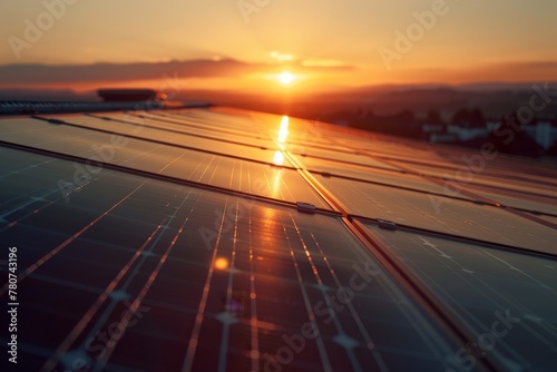 Golden sunrise over solar panels symbolizing sustainable energy and new beginnings.