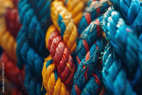 Close-up of colorful braided ropes, showcasing vibrant hues and the intricate texture of woven materials.

 photo