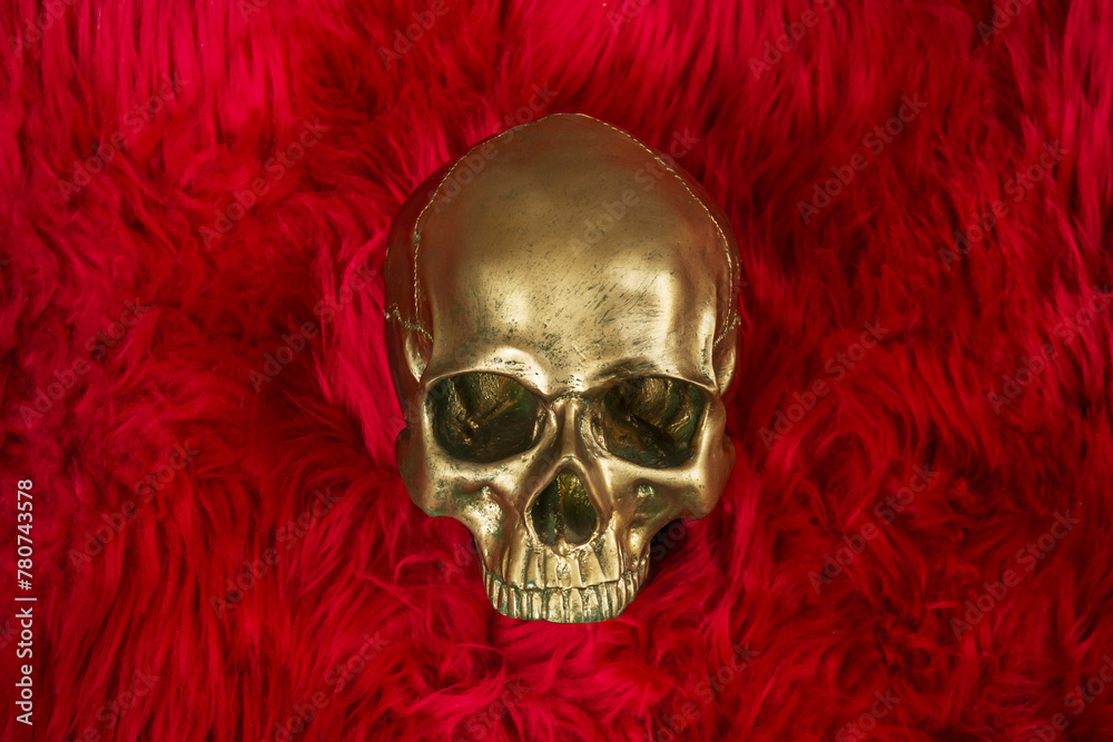 A golden skull lying on a fluffy red fur cushion posing for the camera