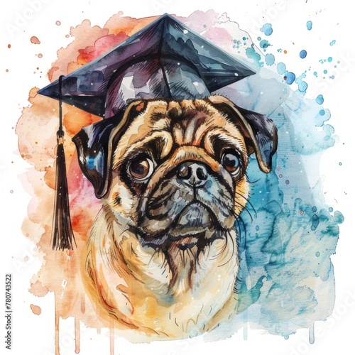 Graduate Pug Dog in Cap Watercolor Painting - A pensive looking pug dog in a graduation cap, capturing the essence of accomplishment and thoughtfulness
