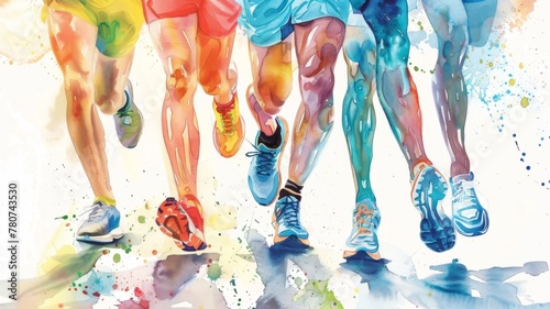 Colorful watercolor of runners racing on track - A race in full motion beautifully captured with vivid watercolor splashes highlighting runners' legs photo
