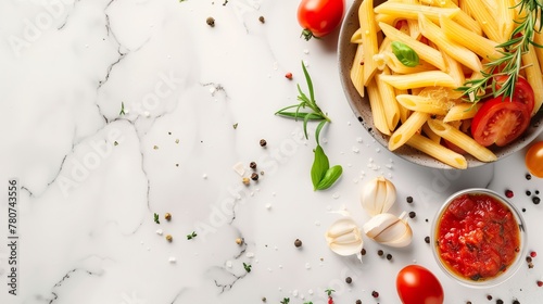 Italian food background. Pasta penne, tomato sauce, herbs and spices at white marble kitchen table.