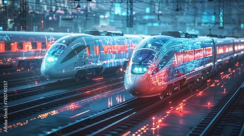 Futuristic trains crossing a cyber world map, depicting seamless global information exchange and connectivity