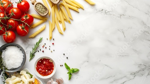 Italian food background. Pasta penne, tomato sauce, herbs and spices at white marble kitchen table.