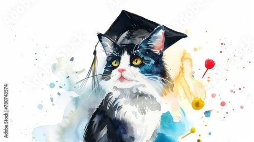 Blue-eyed Cat wearing Graduation Cap with Splatters - A scholarly cat with blue eyes celebrates graduation amongst colorful splatters, denoting achievement