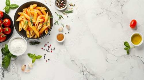 Fototapeta Naklejka Na Ścianę i Meble -  Italian food background. Pasta penne, tomato sauce, herbs and spices at white marble kitchen table.