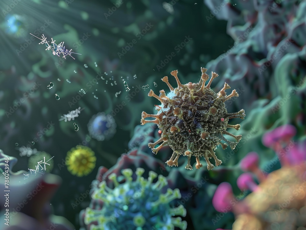 A 3D scene showing the interaction between a virus particle and an antiviral drug molecule.