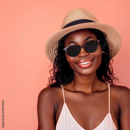 Happy young african woman in summer outfit smiling and looking at camera over soft color background  © cff999