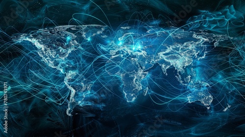 Digital veins of information exchange across a world map, cyber lines converging on Antarctica, global unity photo