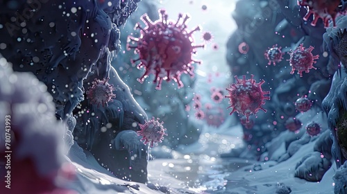 A 3D animated scene showing the spread of a virus through airborne droplets in a closed environment