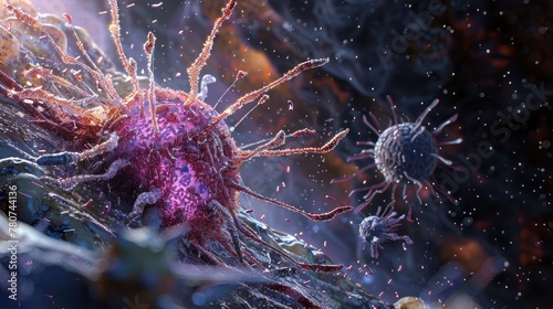 A 3D model of the HIV virus attacking a human immune cell © 220 AI Studio