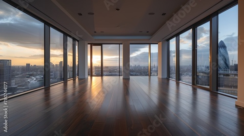 Spacious modern interior with breathtaking cityscape. Elegant design, luxury living space with panoramic windows. Sunrise ambiance creating a warm, welcoming atmosphere. Perfect for upscale ads. AI © Irina Ukrainets