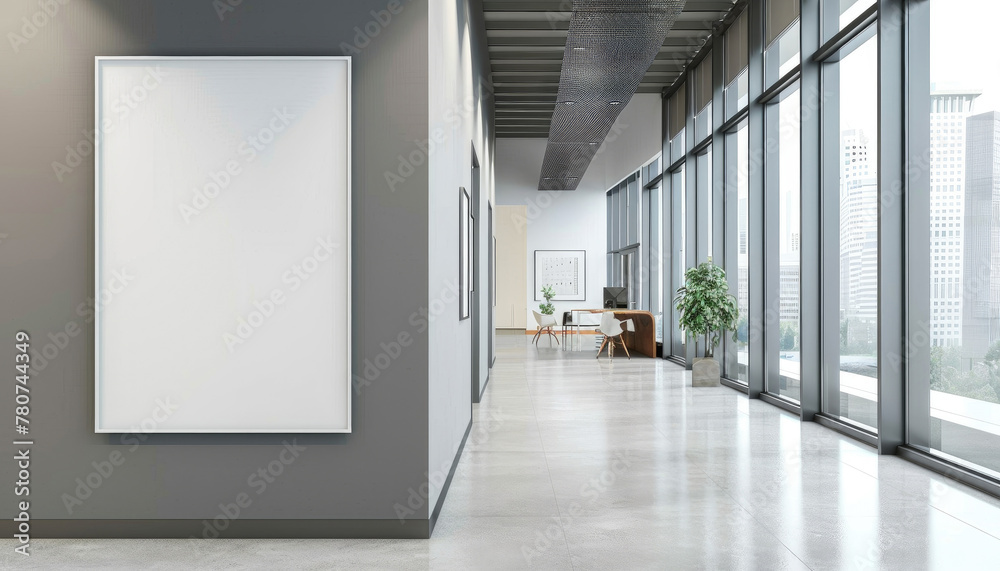 A large white wall with a large empty frame by AI generated image