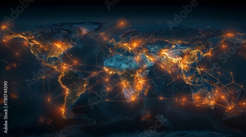 America-centric world map, glowing connections and data streams depict the web of global business and telecommunication photo